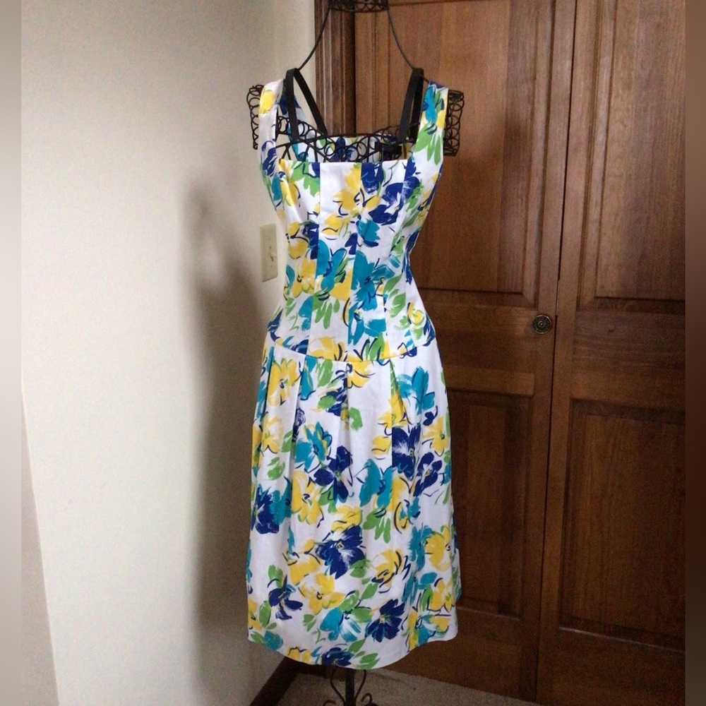 Chaps by Ralph Lauren Womens Designer Floral Watercolor Dress Blue Yellow White, - Picture 2 of 9